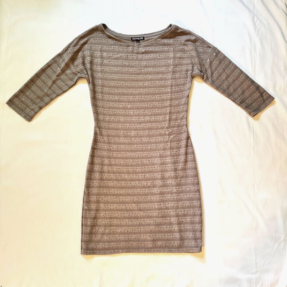 Express Taupe Sequins Mini Dress With 3/4 Sleeves Y2K 2000s Women's Size Small